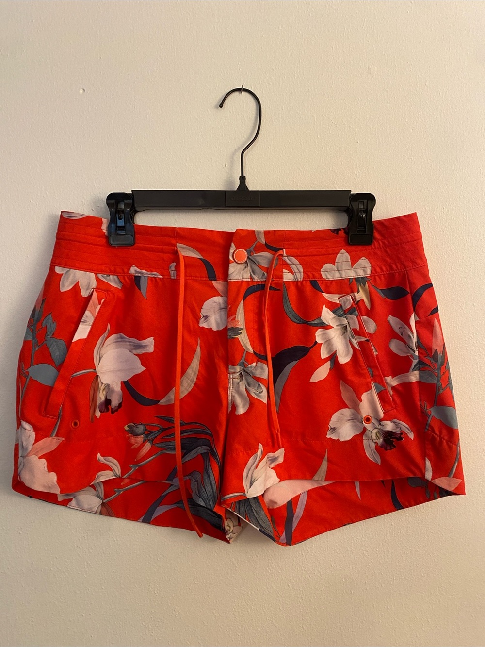 Athleta Red Floral Athletic Drawstring Swim Shorts